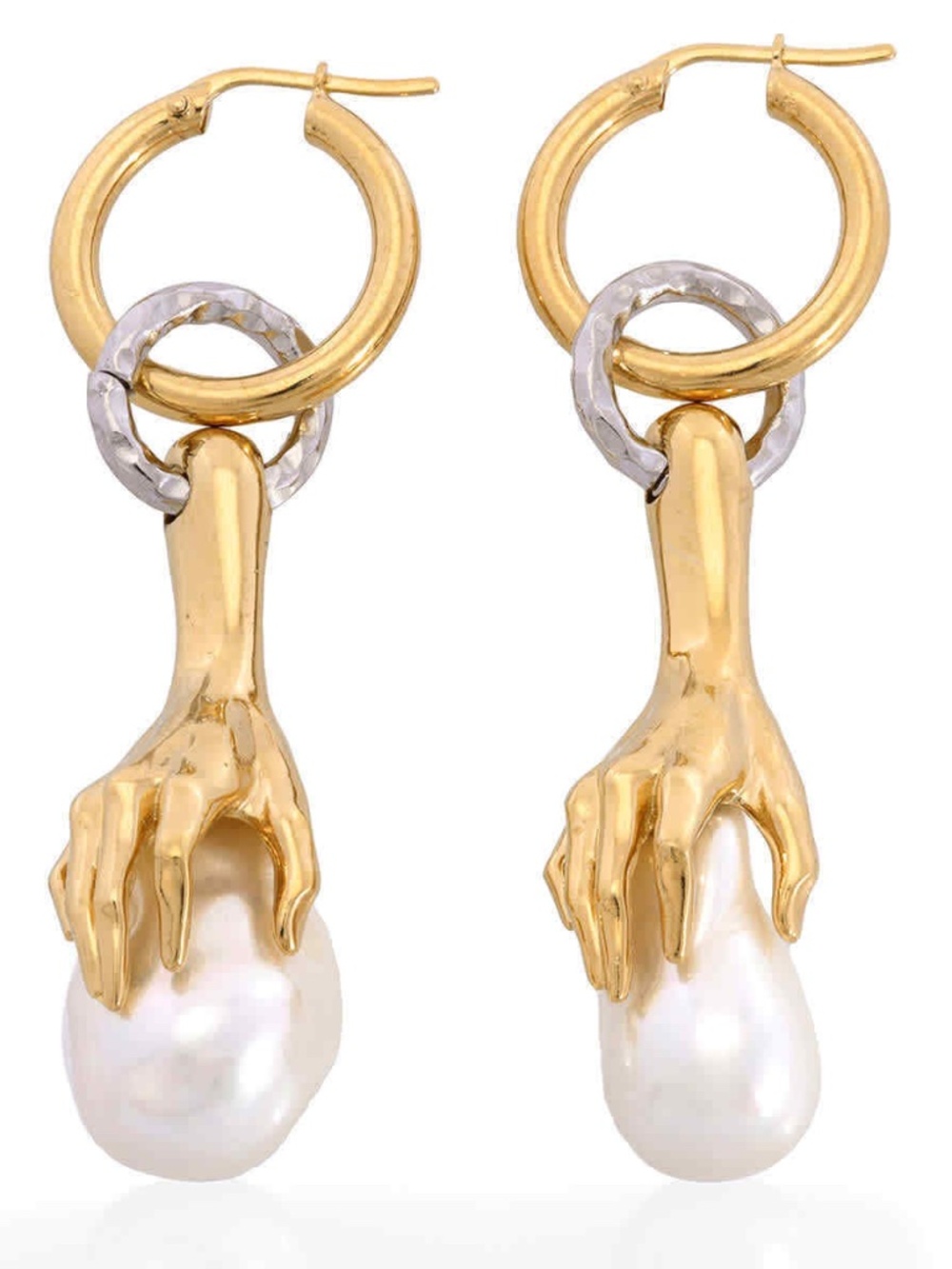 Burberry Gold Hand Grasping Baroque Pearl Two Tone Silver Drop Hoop Earrings